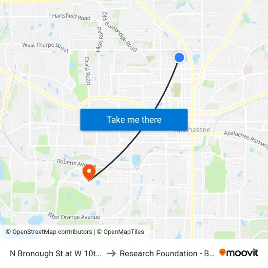 N Bronough St at W 10th Ave Sb to Research Foundation - Building A map