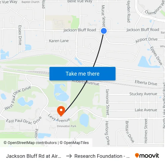 Jackson Bluff Rd at Airport Dr Eb to Research Foundation - Building A map