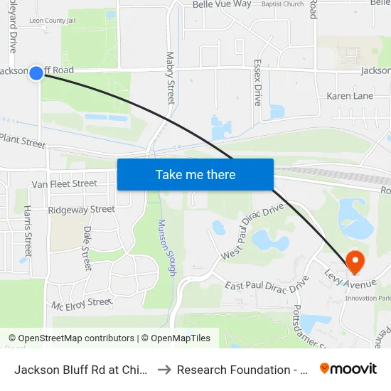 Jackson Bluff Rd at Chipley St Eb to Research Foundation - Building A map