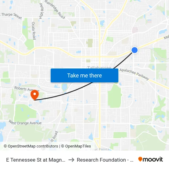 E Tennessee St at Magnolia Dr Eb to Research Foundation - Building A map