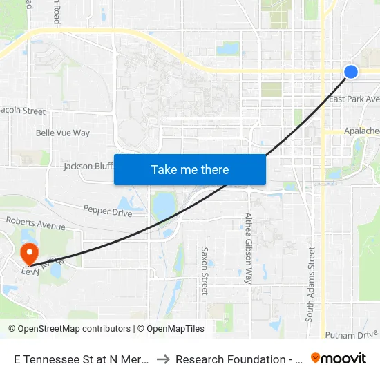 E Tennessee St at N Meridian St Eb to Research Foundation - Building A map