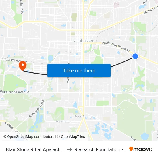 Blair Stone Rd at Apalachee Pkwy Sb to Research Foundation - Building A map