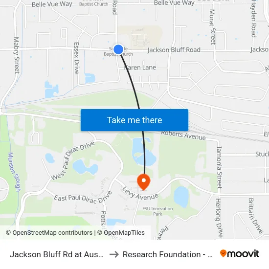 Jackson Bluff Rd at Ausley Rd Wb to Research Foundation - Building A map