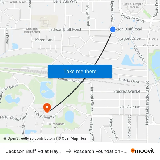 Jackson Bluff Rd at Hayden Rd Wb to Research Foundation - Building A map