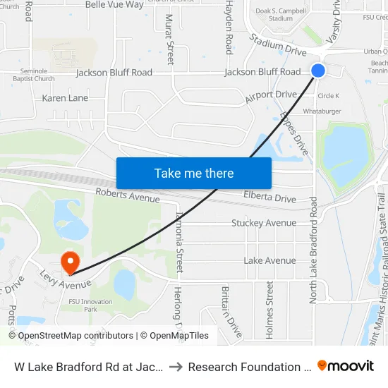 W Lake Bradford Rd at Jackson Bluff Sb to Research Foundation - Building A map