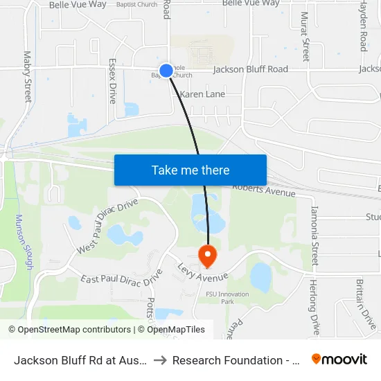 Jackson Bluff Rd at Ausley Rd Eb to Research Foundation - Building A map