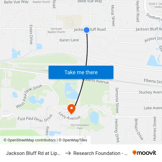 Jackson Bluff Rd at Lipona Rd Eb to Research Foundation - Building A map