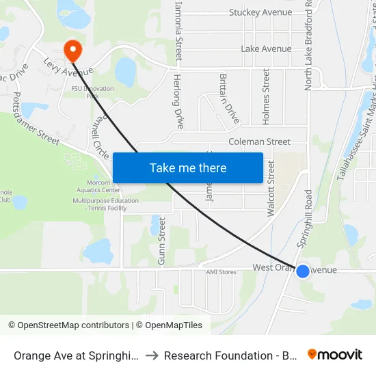 Orange Ave at Springhill Rd Eb to Research Foundation - Building A map