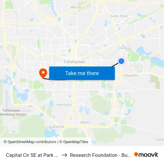Capital Cir SE at Park Ave Sb to Research Foundation - Building A map