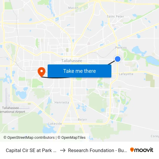 Capital Cir SE at Park Ave Nb to Research Foundation - Building A map