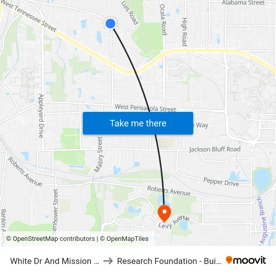 White Dr And Mission Rd Nb to Research Foundation - Building A map