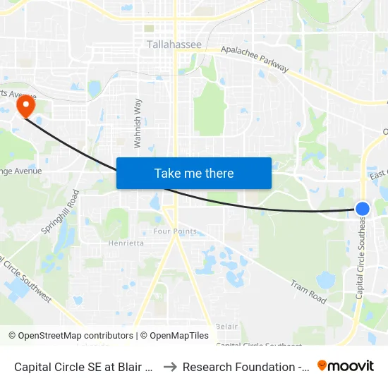 Capital Circle SE at Blair Stone Rd Sb to Research Foundation - Building A map