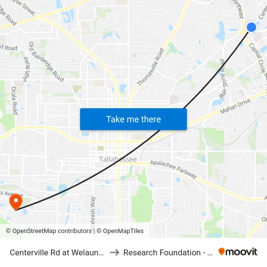 Centerville Rd at Welaunee Blvd Nb to Research Foundation - Building A map