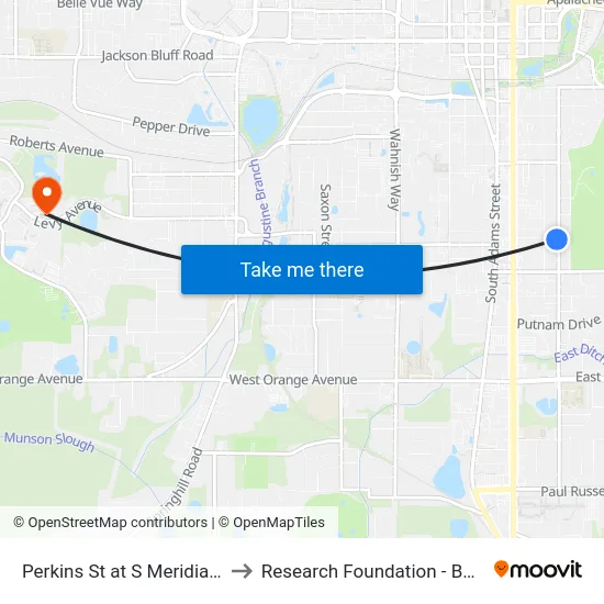 Perkins St at S Meridian St Eb to Research Foundation - Building A map