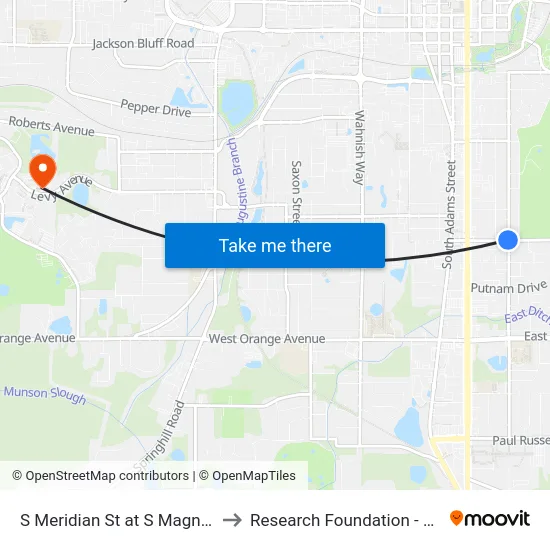 S Meridian St at S Magnolia Dr Sb to Research Foundation - Building A map