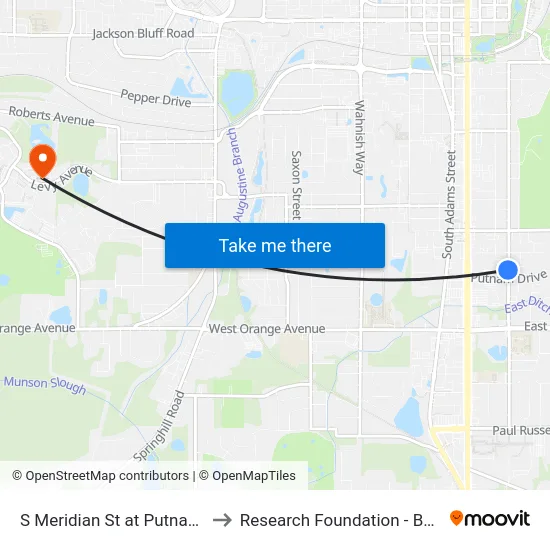S Meridian St at Putnam Dr Sb to Research Foundation - Building A map