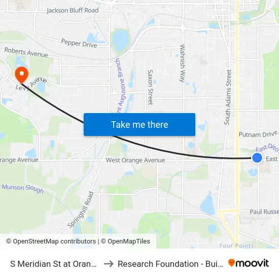 S Meridian St at Orange Ave to Research Foundation - Building A map