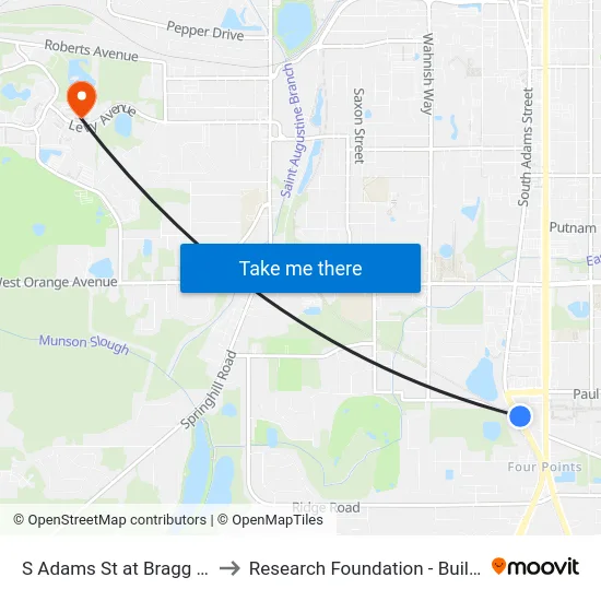 S Adams St at Bragg St Nb to Research Foundation - Building A map
