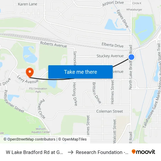 W Lake Bradford Rd at Gamble St Nb to Research Foundation - Building A map