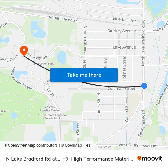 N Lake Bradford Rd at Hutchinson St Nb to High Performance Materials Research Institute map