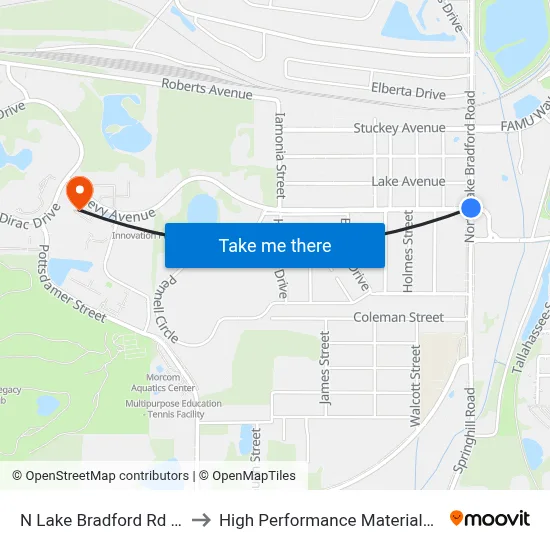 N Lake Bradford Rd at Levy Ave Sb to High Performance Materials Research Institute map