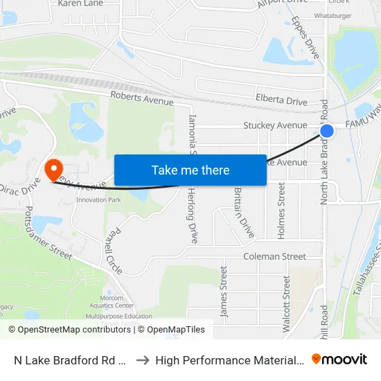 N Lake Bradford Rd at Famu Way Nb to High Performance Materials Research Institute map
