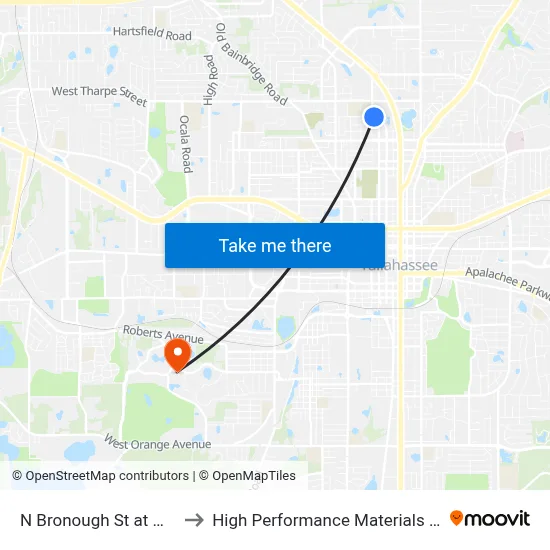 N Bronough St at W 10th Ave Sb to High Performance Materials Research Institute map