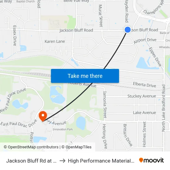 Jackson Bluff Rd at Hayden Rd Wb to High Performance Materials Research Institute map