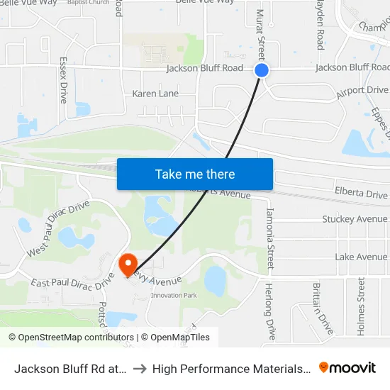 Jackson Bluff Rd at Airport Dr Eb to High Performance Materials Research Institute map