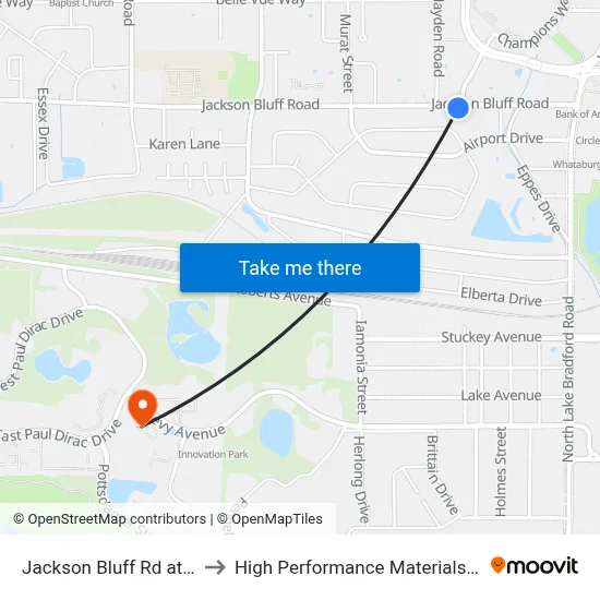 Jackson Bluff Rd at Hendry St Eb to High Performance Materials Research Institute map