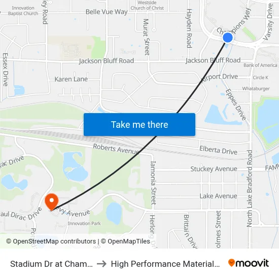 Stadium Dr at Champions Way Wb to High Performance Materials Research Institute map