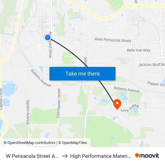 W Pensacola Street And Appleyard Drive to High Performance Materials Research Institute map