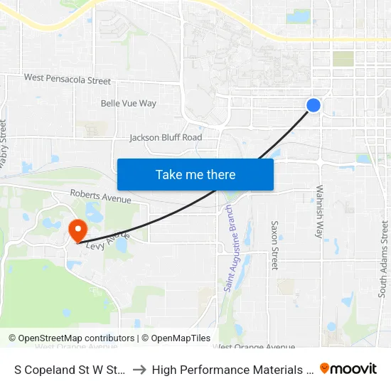 S Copeland St W St Augustine St to High Performance Materials Research Institute map