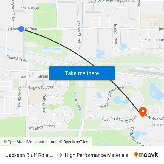 Jackson Bluff Rd at Chipley St Wb to High Performance Materials Research Institute map