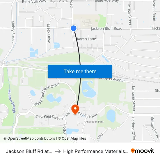 Jackson Bluff Rd at Ausley Rd Wb to High Performance Materials Research Institute map