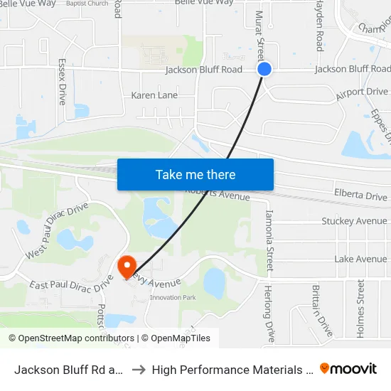 Jackson Bluff Rd at Murat St Wb to High Performance Materials Research Institute map