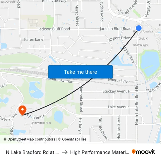 N Lake Bradford Rd at Jackson Bluff Rd Sb to High Performance Materials Research Institute map
