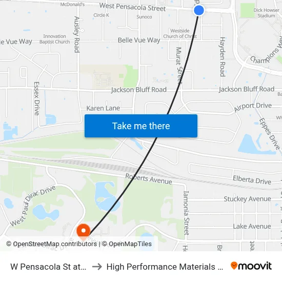 W Pensacola St at Rivoli Rd Eb to High Performance Materials Research Institute map