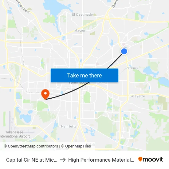 Capital Cir NE at Miccosukee Rd Nb to High Performance Materials Research Institute map
