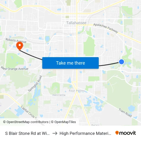 S Blair Stone Rd at Willow Bend Way Nb to High Performance Materials Research Institute map