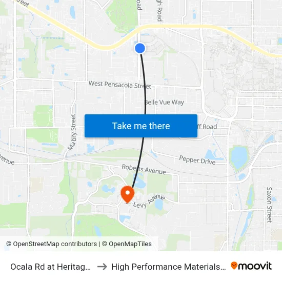 Ocala Rd at Heritage Grove Cir Nb to High Performance Materials Research Institute map