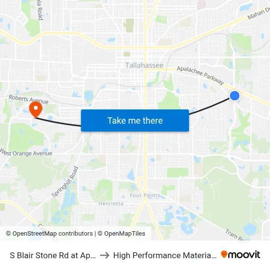 S Blair Stone Rd at Apalachee Pkwy Nb to High Performance Materials Research Institute map