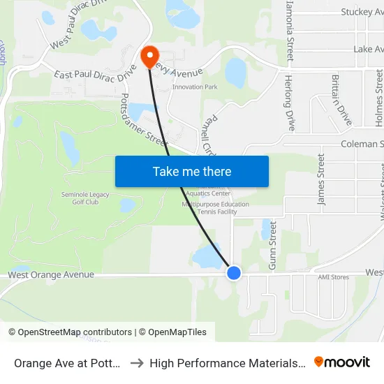 Orange Ave at Pottsdamer St Wb to High Performance Materials Research Institute map