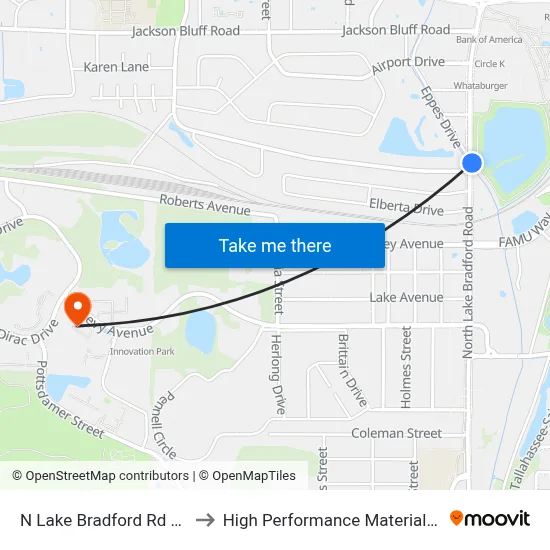 N Lake Bradford Rd at Pepper Dr Nb to High Performance Materials Research Institute map