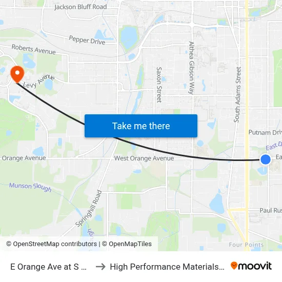 E Orange Ave at S Meridian St Eb to High Performance Materials Research Institute map