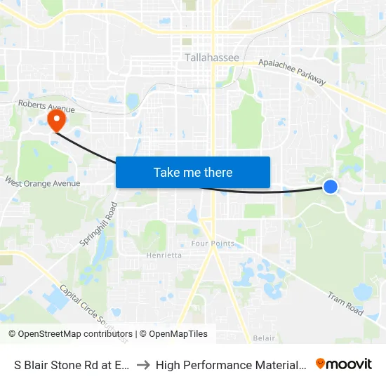S Blair Stone Rd at E Orange Ave Sb to High Performance Materials Research Institute map