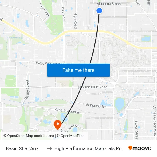 Basin St at Arizona St Nb to High Performance Materials Research Institute map