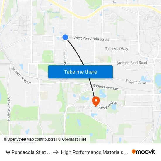 W Pensacola St at Mabry St Eb to High Performance Materials Research Institute map
