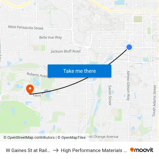 W Gaines St at Railroad Ave Wb to High Performance Materials Research Institute map