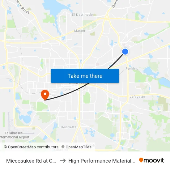 Miccosukee Rd at Capital Cir NE Eb to High Performance Materials Research Institute map